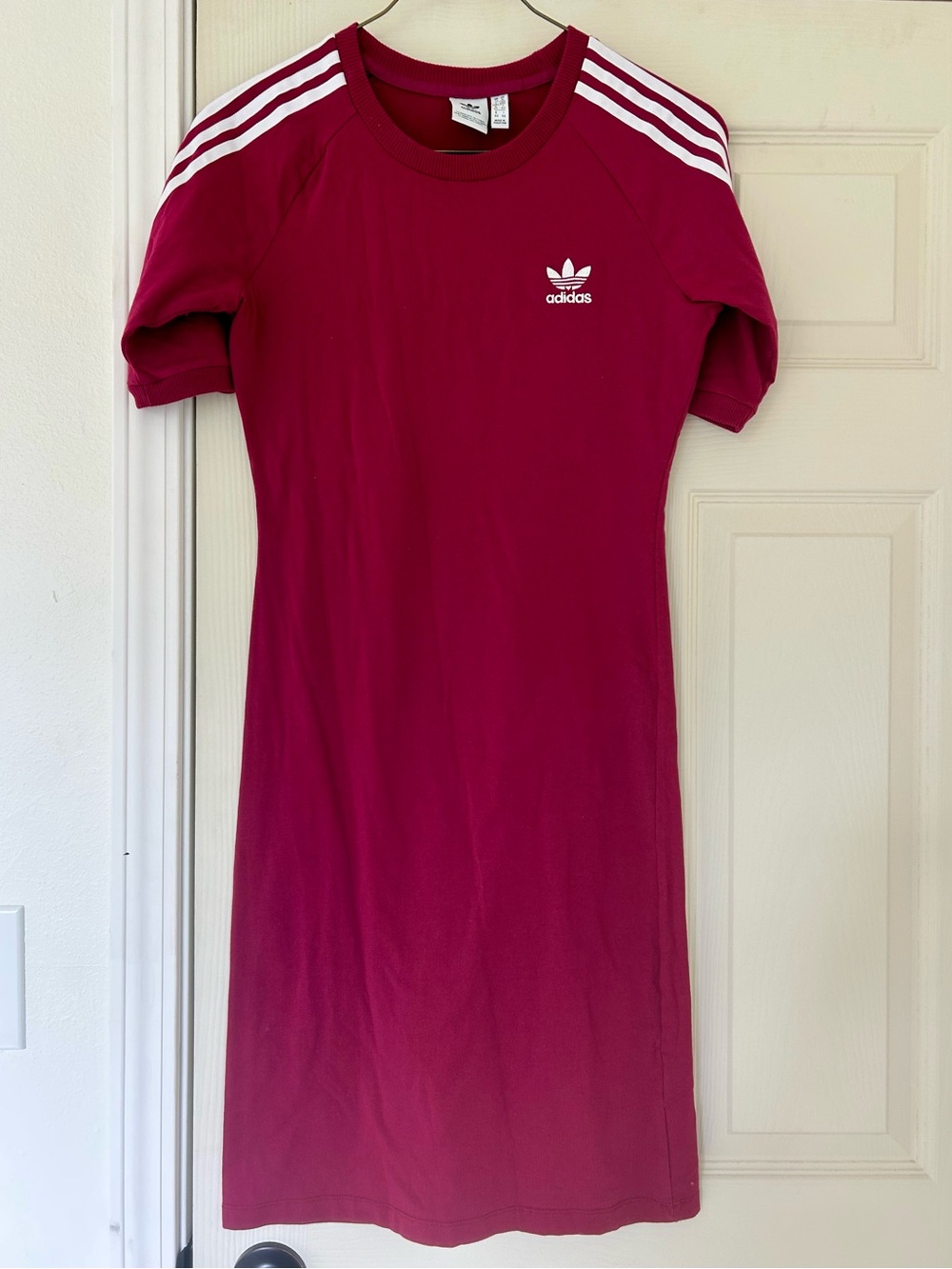 adidas Burgundy Short-Sleeve Midi Dress with White Three-Stripes